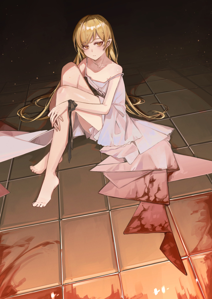 1girl, absurdres, bare_shoulders, barefoot, black_ribbon, blonde_hair, blood, blood_on_ground, dress, full_body, highres, huge_filesize, kiss-shot_acerola-orion_heart-under-blade, kiss-shot_acerola-orion_heart-under-blade_(young), kizumonogatari, long_hair, looking_at_viewer, monogatari_(series), on_floor, oshino_shinobu, pointy_ears, ribbon, sitting, sleeveless, solo, spaghetti_strap, strap_slip, teizen_(niwamaee), tile_floor, tiles, vampire, very_long_hair, white_dress, yellow_eyes