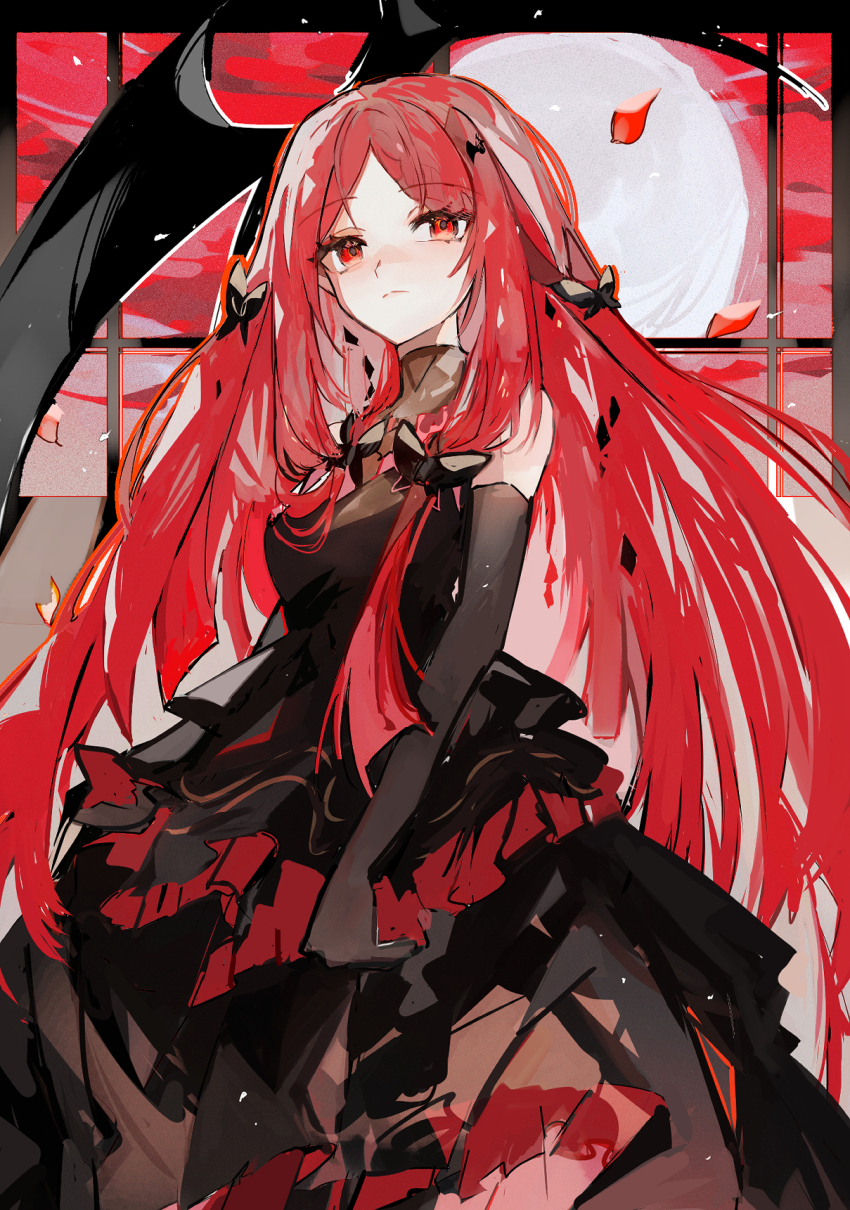 1girl, black_dress, blush, bow, cloud, cloudy_sky, commentary_request, cowboy_shot