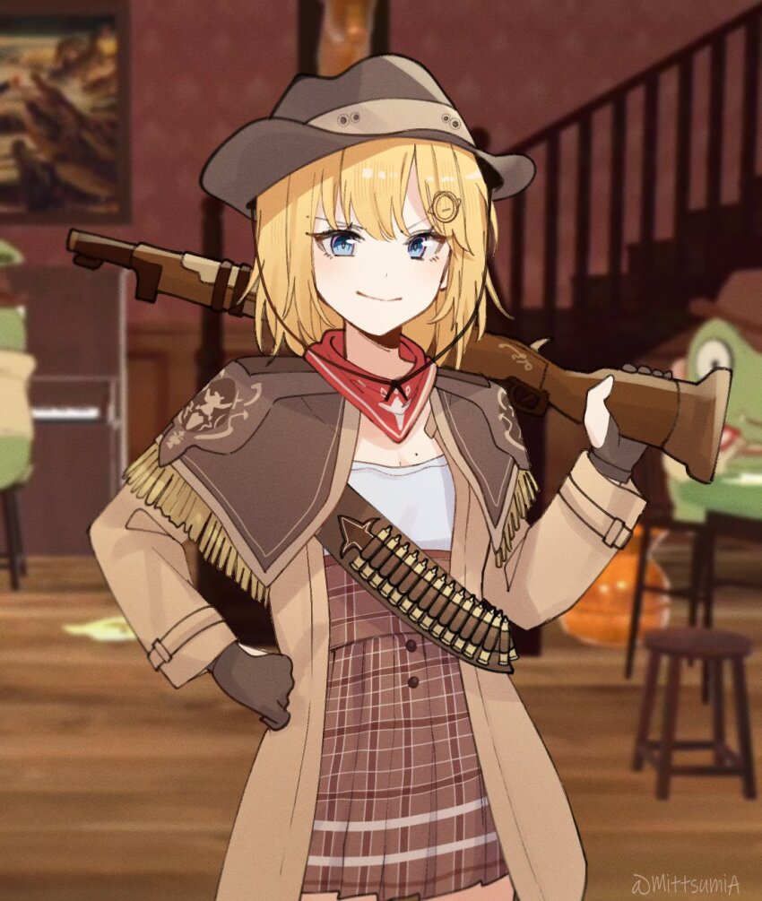 ammunition, bandolier, belt, blonde_hair, blue_eyes, blurry, bowler_hat, breasts, brown_coat, brown_gloves, capelet, cleavage, coat, commentary, cowboy_hat, cowboy_shot, depth_of_field, english_commentary, fringe_trim, gloves, gun, hair_ornament, hand_on_own_hip, hat, high-waist_skirt, highres, holding, holding_weapon, hololive, hololive_english, instrument, investigator_(watson_amelia), mittsu, mole, mole_on_breast, monocle, neckerchief, over_shoulder, painting_(object), partially_fingerless_gloves, piano, pleated_skirt, red_neckerchief, rifle, rifle_cartridge, saloon, shirt, signature, skirt, small_breasts, smile, stairs, stool, tweed, upright_piano, virtual_youtuber, watson_amelia, weapon, weapon_over_shoulder, white_shirt, wooden_floor