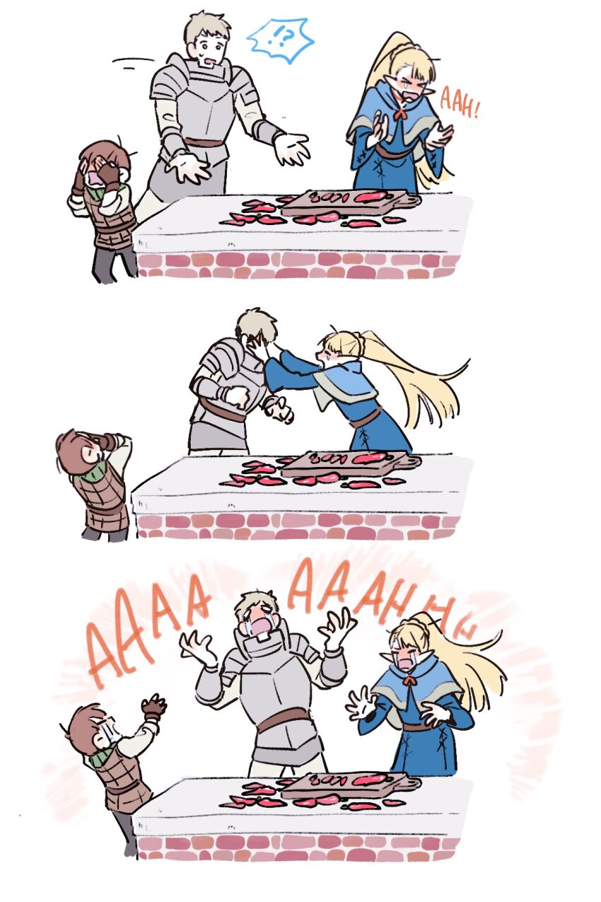 !?, 1girl, 2boys, armor, blonde_hair, brown_hair, chilchuck_tims, chili_pepper