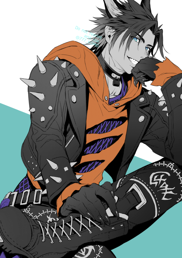 1boy, 777_komo, animal_ears, black_boots, black_choker, black_gloves, black_hair, black_jacket