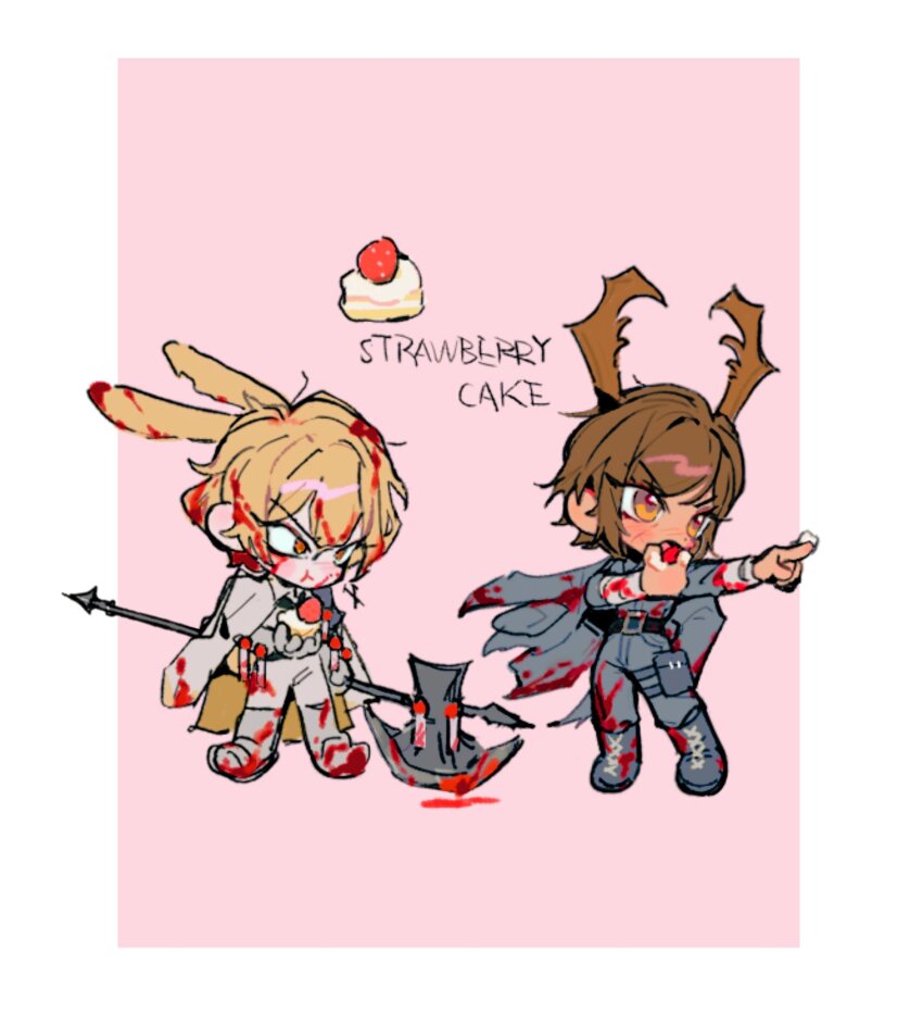 1boy, 1girl, animal_ears, arthropod_horns, axe, blood, blood_in_hair, blue_coat