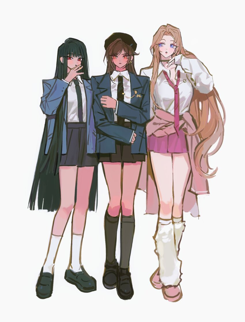 3girls, beret, black_hair, black_socks, brown_eyes, brown_hair, full_body, hand_up, hat, highres, huyj_cl, leg_warmers, limbus_company, long_sleeves, looking_at_viewer, multiple_girls, necktie, outis_(project_moon), pink_necktie, pink_skirt, project_moon, rodion_(project_moon), ryoshu_(project_moon), shirt, simple_background, skirt, socks, white_background, white_leg_warmers, white_shirt, white_socks