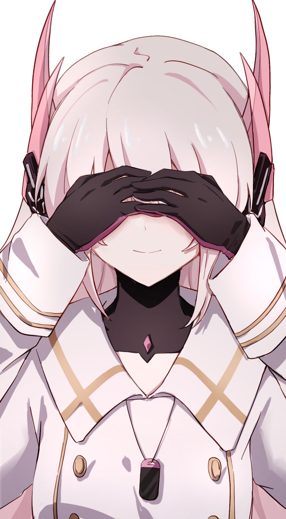 1girl, beizhi, black_gloves, closed_mouth, covering_own_eyes, dog_tags, gloves, gold_trim