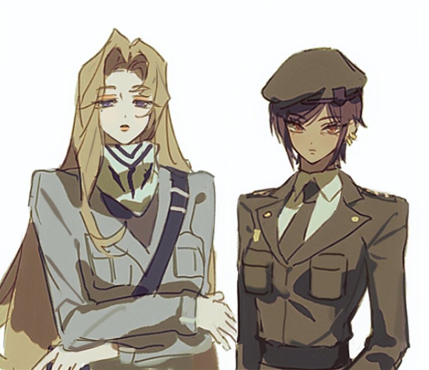 2girls, black_jacket, black_necktie, blue_eyes, brown_eyes, brown_hair, collared_shirt, grey_jacket