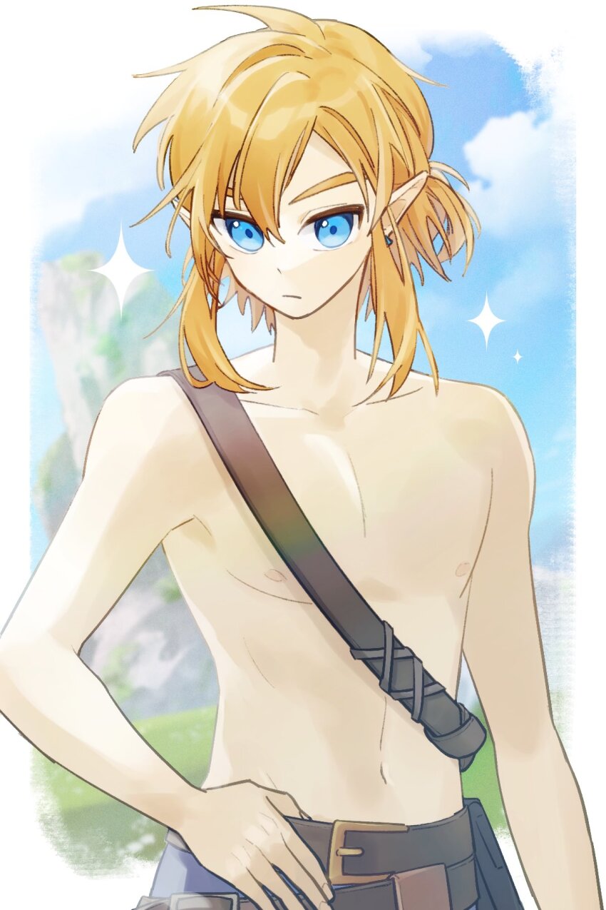 1boy, belt, blue_eyes, day, hand_on_own_hip, highres, link, male_focus