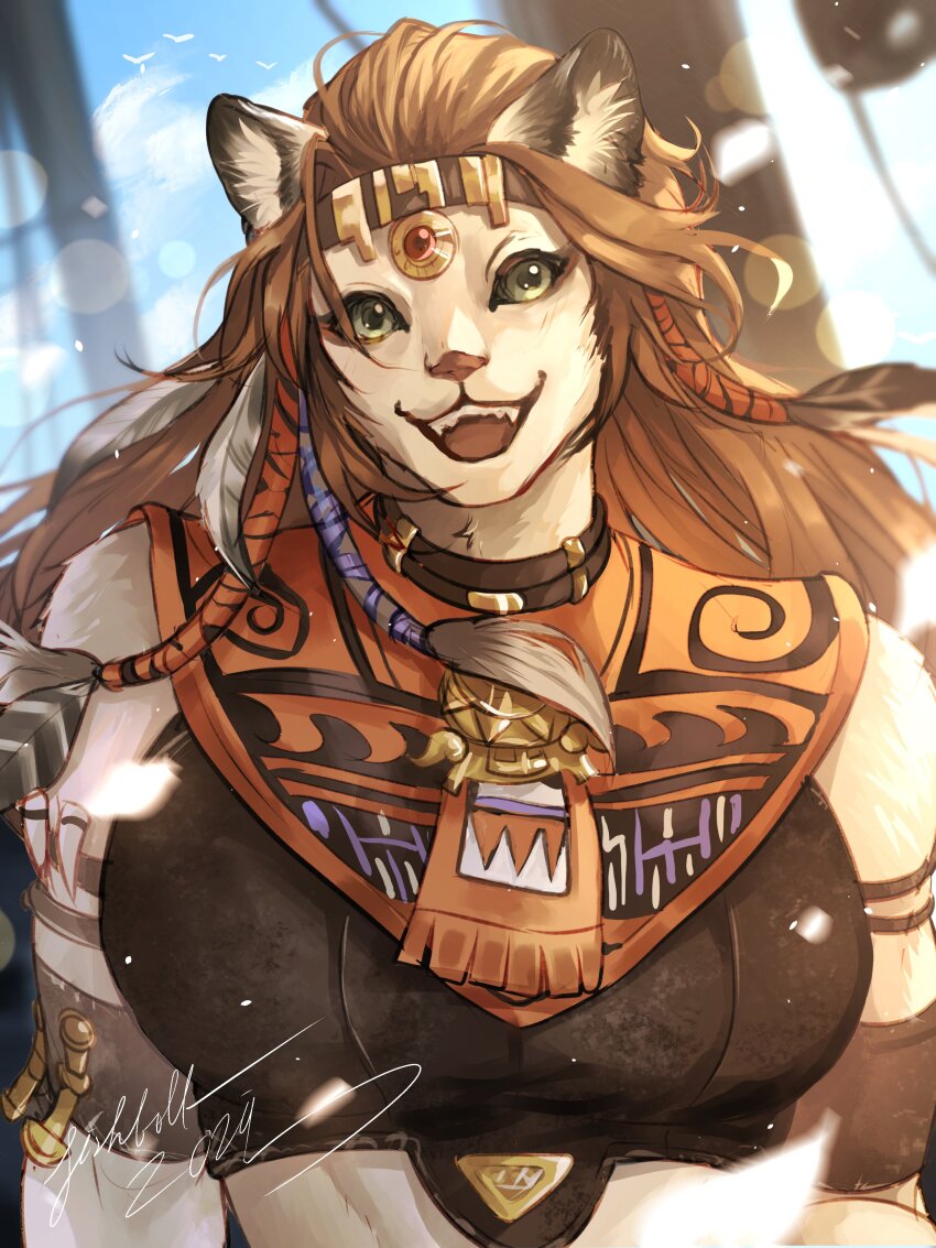 1girl, absurdres, animal_ears, braid, brown_hair, fangs, final_fantasy, final_fantasy_xiv, fishbolls, furry, furry_female, highres, hrothgar, lion_ears, lion_tail, looking_at_viewer, multiple_braids, open_mouth, smile, solo, tail, teeth, upper_body, upper_teeth_only, wuk_lamat
