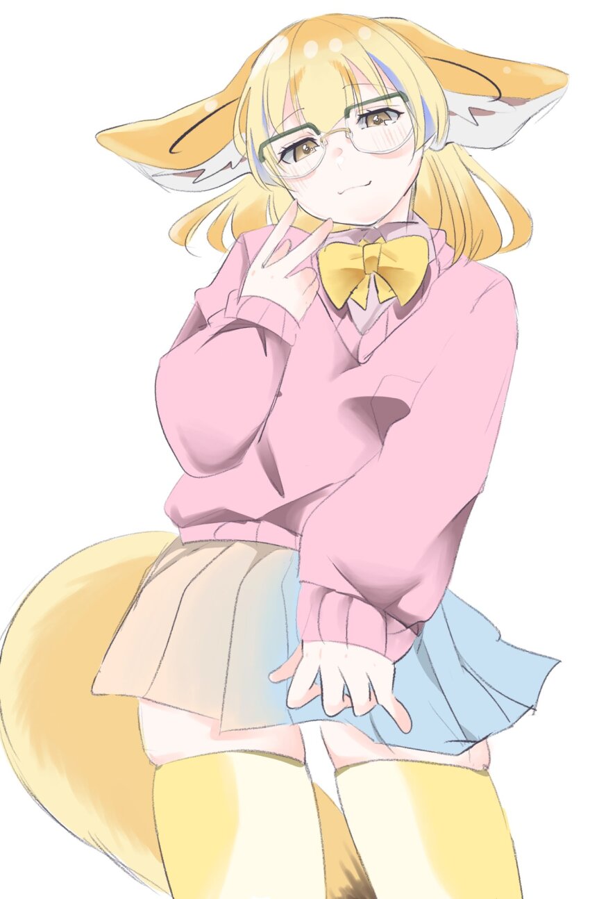 1girl, :3, adapted_costume, animal_ears, blonde_hair, blue_skirt, blush, bow, bowtie, collared_shirt, cowboy_shot, fennec_(kemono_friends), fox_ears, fox_girl, fox_tail, glasses, highres, kamisamanosaba, kemono_friends, long_sleeves, looking_at_viewer, multicolored_hair, pink_shirt, pink_sweater, pleated_skirt, shirt, short_hair, skirt, solo, sweater, tail, thighhighs, v, white_hair, yellow_bow, yellow_bowtie, yellow_eyes, yellow_thighhighs, zettai_ryouiki