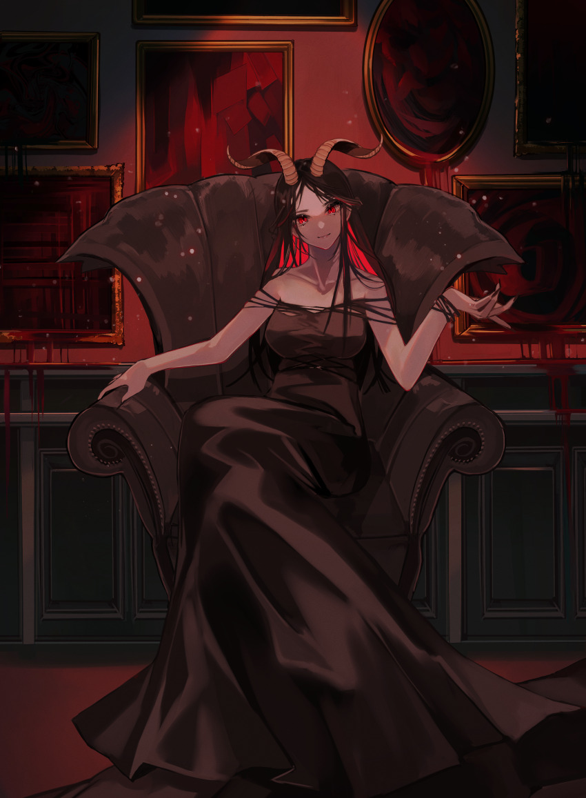 1girl, absurdres, bare_shoulders, black_dress, blood, bracelet, chair, colored_inner_hair