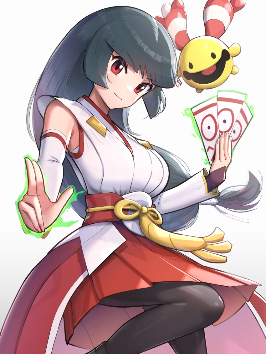 1girl, absurdres, black_hair, black_pantyhose, breasts, chingling, closed_mouth, detached_sleeves