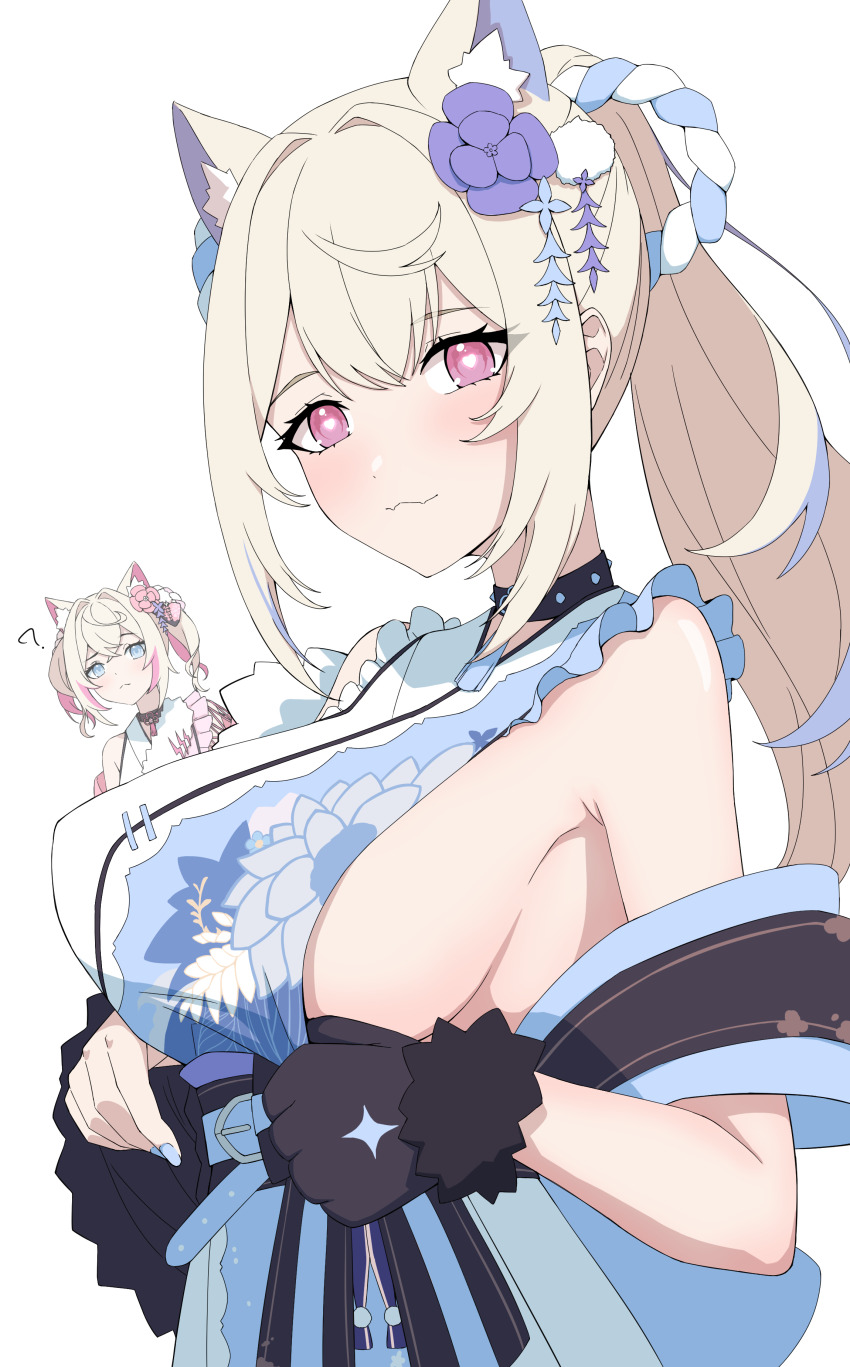 2girls, :3, ?, absurdres, animal_ears, animal_hands, blonde_hair, blue_eyes