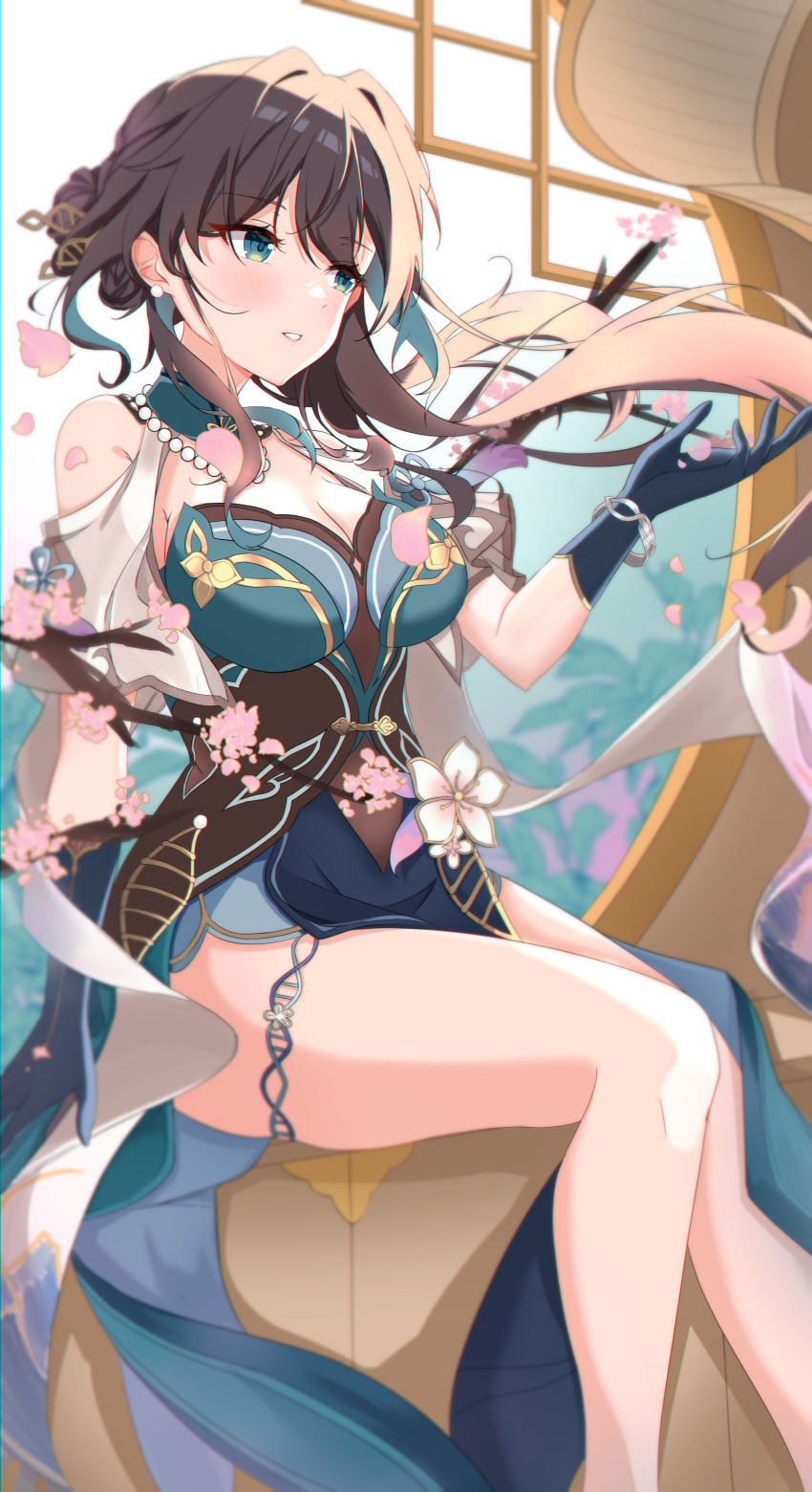 1girl, absurdres, akar1, architecture, black_gloves, black_hair, branch, breasts, cherry_blossoms, china_dress, chinese_clothes, cleavage, commentary_request, detached_sleeves, dress, earrings, east_asian_architecture, gloves, green_eyes, hair_between_eyes, hair_bun, hair_ornament, hairpin, highres, honkai:_star_rail, honkai_(series), indoors, jewelry, large_breasts, long_hair, looking_at_viewer, parted_lips, petals, ruan_mei_(honkai:_star_rail), short_sleeves, sidelocks, single_hair_bun, sitting, solo, thick_thighs, thighlet, thighs, wind, window