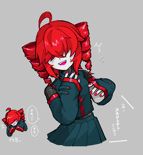 1girl, ^^^, alternate_design, black_shirt, black_skirt, blush, chibi, chibi_inset, colored_skin, commentary_request, covered_eyes, cropped_legs, detached_sleeves, drill_hair, grey_background, grey_skin, hair_over_eyes, jaggy_lines, kasane_teto, kasane_teto_(utau), medium_hair, mekakure_teto_(homma_nuruneko), multiple_views, nervous_smile, nose_blush, pleated_skirt, red_hair, red_nails, roto_(roto_doko), sharp_teeth, shirt, simple_background, skirt, sleeveless, sleeveless_shirt, smile, surprised, teeth, twin_drills, undershirt, utau