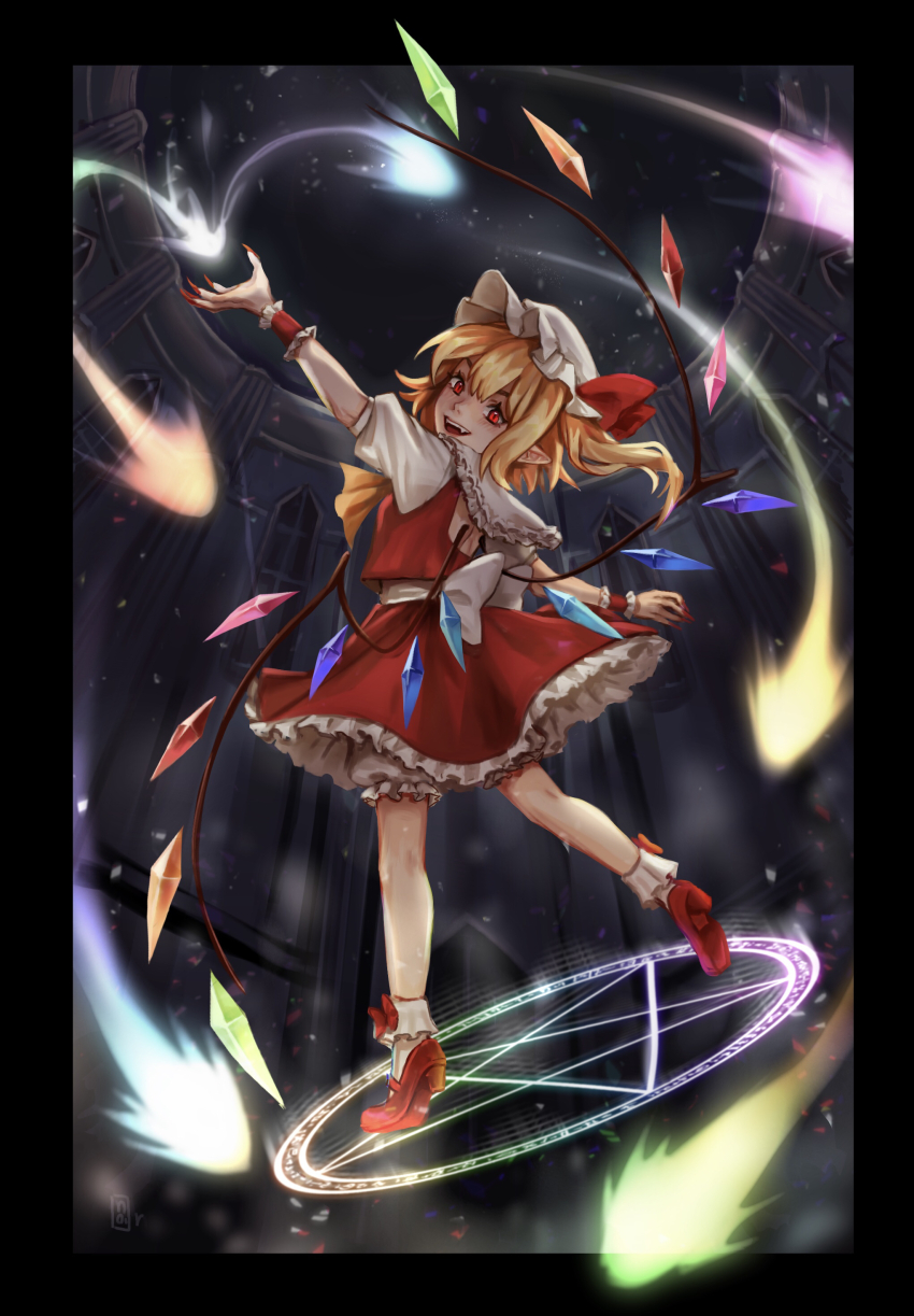 1girl, absurdres, back_bow, black_border, blonde_hair, bloomers, bobby_socks, border