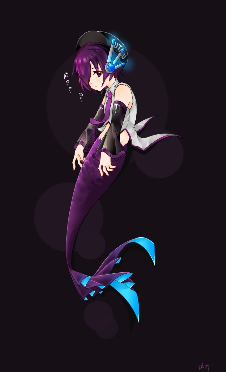 1girl, air_bubble, beret, black_background, black_hat, black_sleeves, bubble, closed_mouth, commentary_request, copyright_name, cropped_shirt, detached_sleeves, expressionless, from_side, grey_shirt, hair_over_one_eye, hat, highres, hunched_over, looking_at_viewer, looking_to_the_side, mermaid, monster_girl, monsterification, navel, necktie, one_eye_covered, purple_eyes, purple_hair, purple_necktie, robot_ears, roto_(roto_doko), shirt, short_hair, signature, sleeveless, sleeveless_shirt, solo, stomach, utane_uta, utau