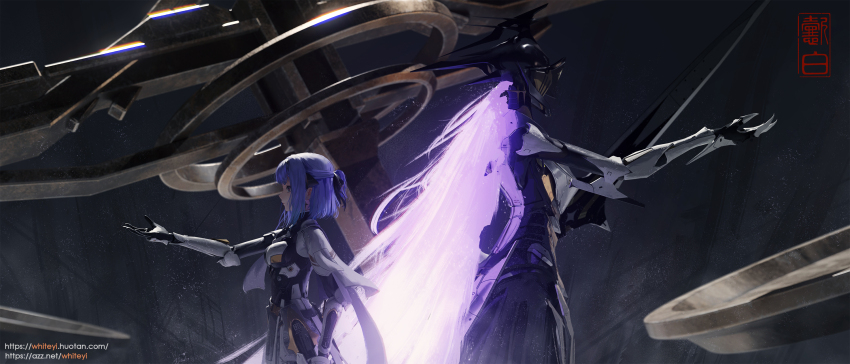 1girl, 1other, alisa:_echo_(pgr), alisa_(pgr), armor, back-to-back, balance_scale, black_armor