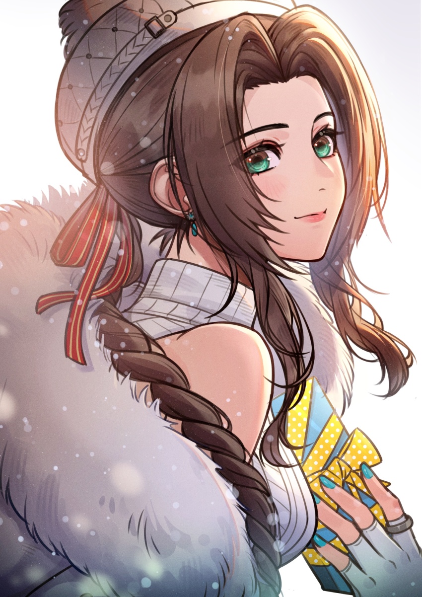 1girl, aerith_gainsborough, aerith_gainsborough_(fairy_of_snowfall), aqua_nails, bare_shoulders, box, braid, braided_ponytail
