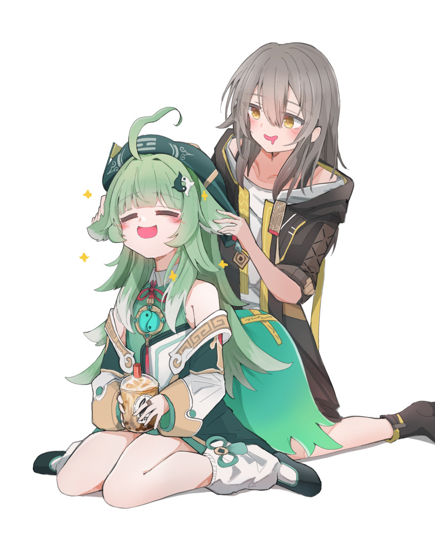 2girls, :d, ^_^, absurdres, ahoge, animal_ears, bubble_tea, closed_eyes, collarbone, commentary_request, cup, detached_sleeves, disposable_cup, drinking_straw, drooling, droopy_ears, fox_ears, fox_girl, fox_tail, green_hair, grey_hair, hair_between_eyes, hair_ornament, hairclip, hat, highres, holding_ears, honkai:_star_rail, honkai_(series), huohuo_(honkai:_star_rail), kneeling, long_hair, long_sleeves, looking_at_another, multiple_girls, open_mouth, sidelocks, simple_background, sitting, sleeves_rolled_up, smile, sparkle, stelle_(honkai:_star_rail), tail, trailblazer_(honkai:_star_rail), unli_free, wariza, white_background, yellow_eyes, yin_yang