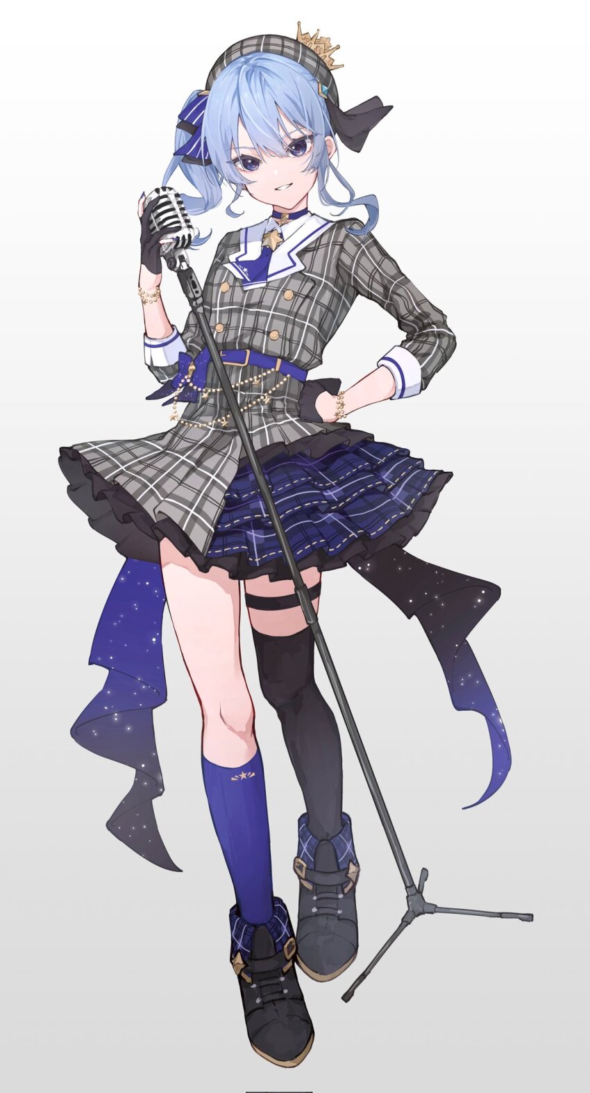 1girl, ascot, asymmetrical_legwear, belt, beret, black_boots, black_dress, black_gloves