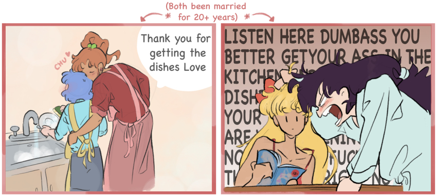 4girls, aino_minako, alternate_skin_color, apron, bishoujo_senshi_sailor_moon, blonde_hair, book, bow, brown_hair, commentary, dark-skinned_female, dark_skin, dishwashing, english_commentary, english_text, hair_bobbles, hair_bow, hair_ornament, height_difference, high_ponytail, highres, hino_rei, holding, holding_book, holding_plate, kino_makoto, long_hair, long_skirt, low-tied_long_hair, medium_hair, mercuri0ff, mizuno_ami, multiple_girls, pink_apron, pink_skirt, plate, ponytail, purple_hair, sink, skirt, speech_bubble, wife_and_wife, yuri