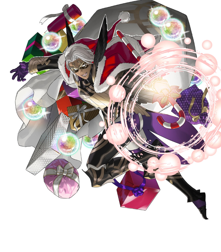 1boy, attack, black_mask, bruno_(winter)_(fire_emblem), candy, candy_cane, dark-skinned_male, dark_skin, fire_emblem, fire_emblem_heroes, food, gift, gloves, gold, gold_trim, grey_hair, hat, highres, holding, holding_candy, holding_candy_cane, holding_food, holding_sack, looking_at_viewer, mask, nintendo, non-web_source, official_alternate_costume, official_art, open_mouth, orb, purple_gloves, sack, santa_costume, santa_hat, smile, solo, teeth