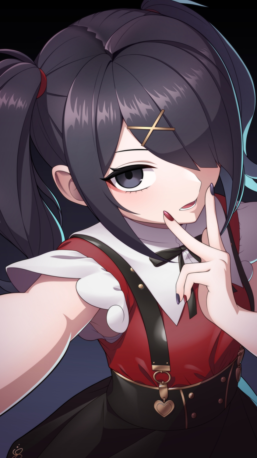 ame-chan_(needy_girl_overdose), armpits, black_hair, hair_ornament, hair_tie, highres, jirai_kei, multicolored_nails, needy_girl_overdose, red_shirt, shirt, simple_background, skirt, suspender_skirt, suspenders, taba_neruko, x_hair_ornament