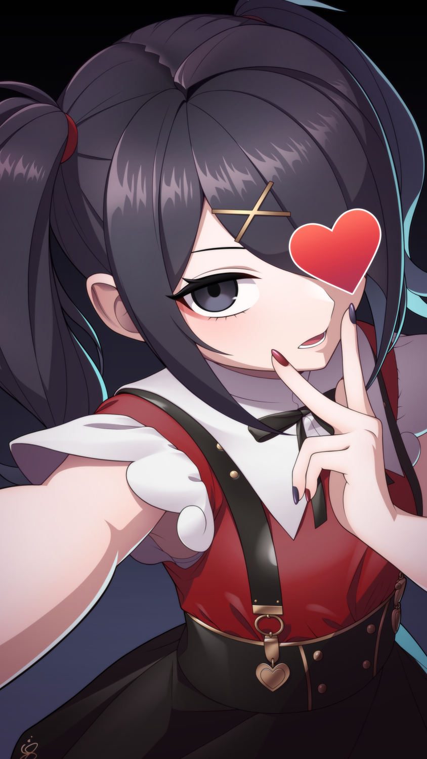 ame-chan_(needy_girl_overdose), armpits, hair_ornament, hair_tie, heart, highres, jirai_kei, multicolored_nails, needy_girl_overdose, red_shirt, shirt, simple_background, skirt, suspender_skirt, suspenders, taba_neruko, x_hair_ornament