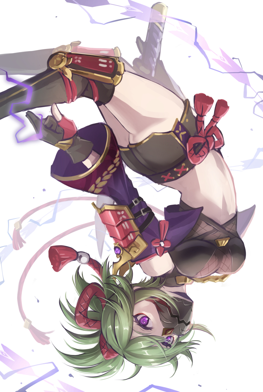 1girl, ankoro, ass, bare_shoulders, black_gloves, black_shirt, black_shorts, black_thighhighs, breasts, commentary_request, crop_top, genshin_impact, gloves, green_hair, highres, jacket, kuki_shinobu, long_sleeves, mask, medium_breasts, midriff, mouth_mask, off_shoulder, partial_commentary, ponytail, purple_eyes, purple_jacket, shirt, short_hair, short_shorts, shorts, solo, stomach, thighhighs, thighs, upside-down