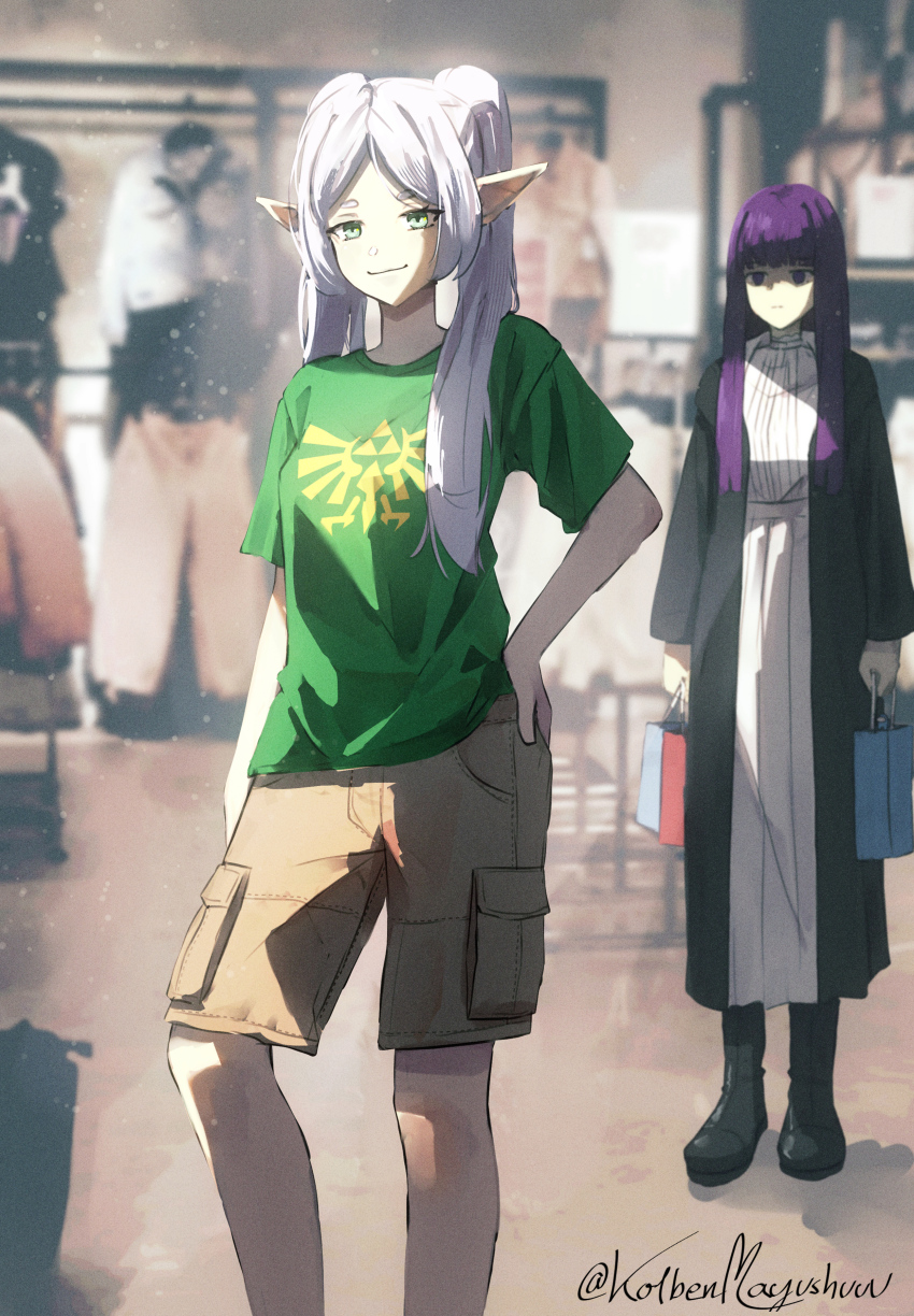 2girls, absurdres, alternate_costume, artist_name, cargo_shorts, clothes_shop, contemporary, elf
