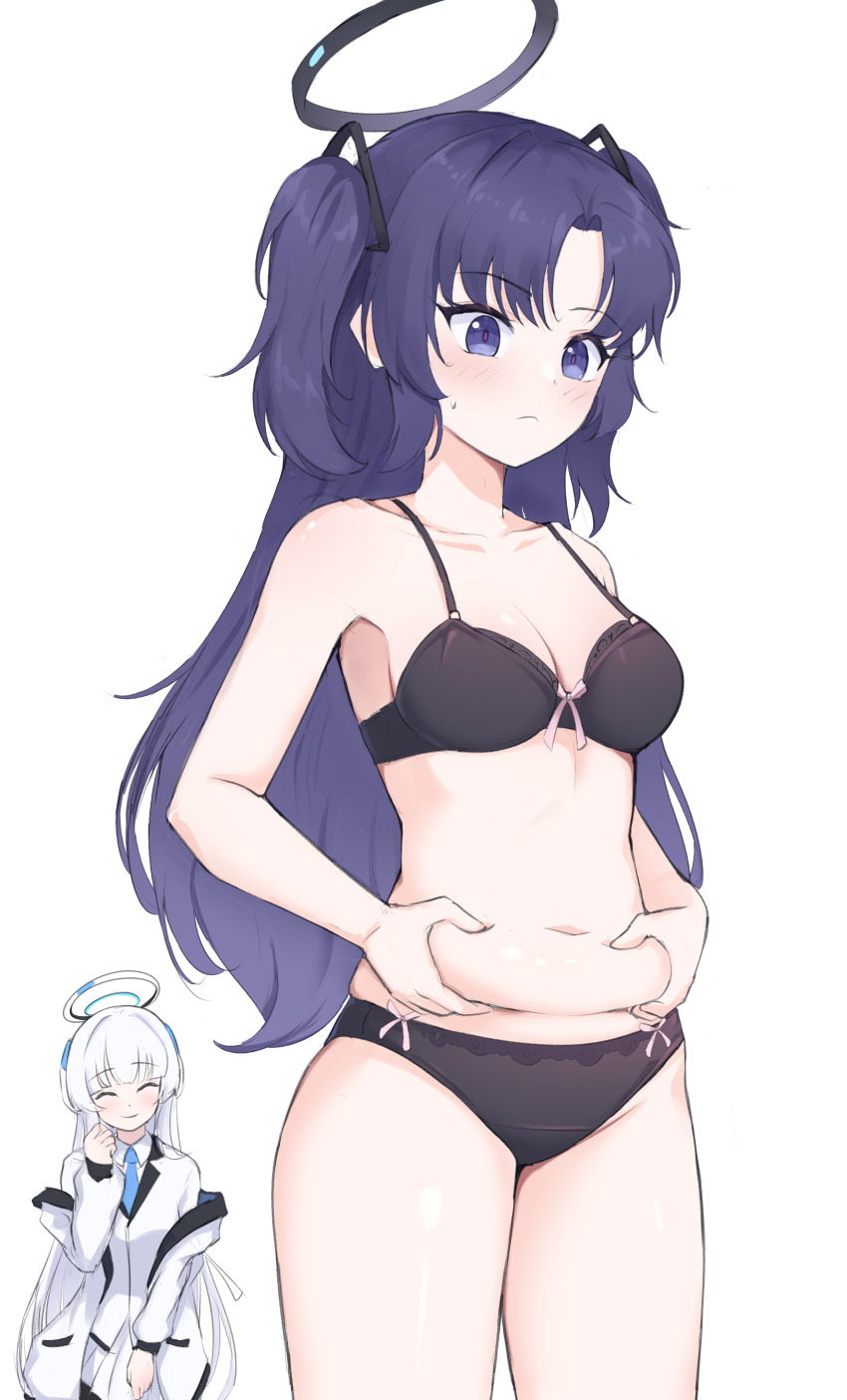 2girls, absurdres, belly_grab, black_bra, black_panties, blue_archive, blue_necktie, blush