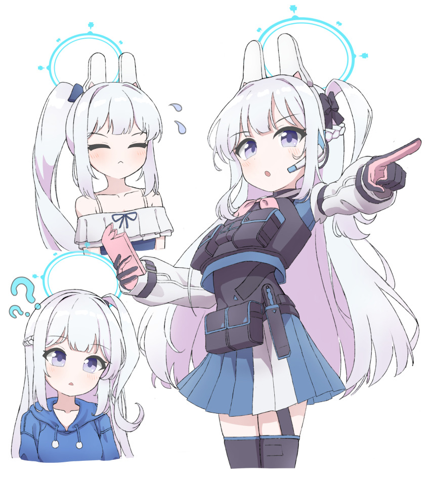 1girl, absurdres, animal_ears, black_gloves, blue_archive, blue_hoodie, blue_skirt, blush