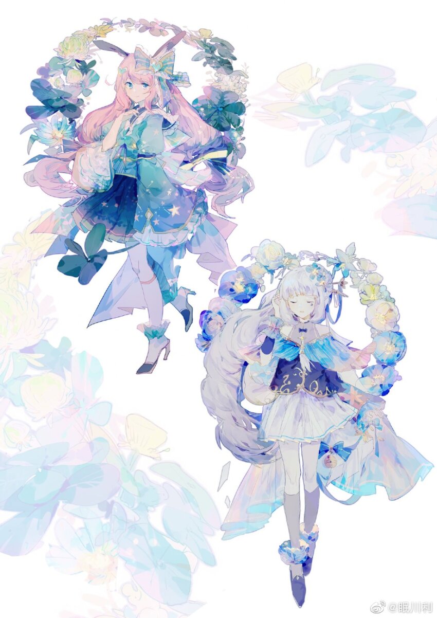 2girls, animal_ears, ankle_cuffs, bare_shoulders, bell, blue_bow, blue_eyes, blue_flower