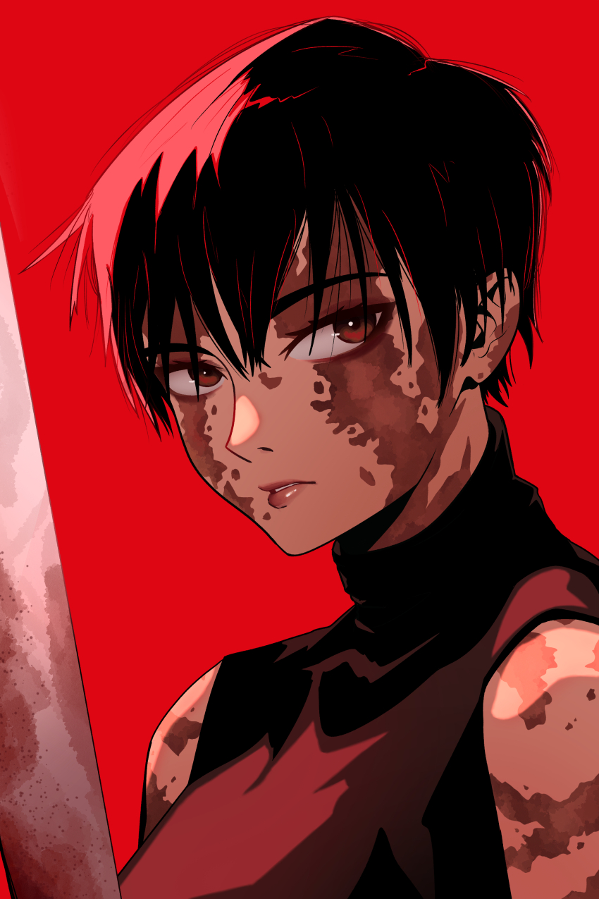 1girl, absurdres, allegedly_tom, black_hair, burn_scar, commentary, highres, jujutsu_kaisen, looking_at_viewer, portrait, red_background, red_eyes, scar, short_hair, simple_background, sleeveless, sleeveless_turtleneck, solo, sword, tomboy, turtleneck, weapon, zen'in_maki, zen'in_maki_(post_shibuya)