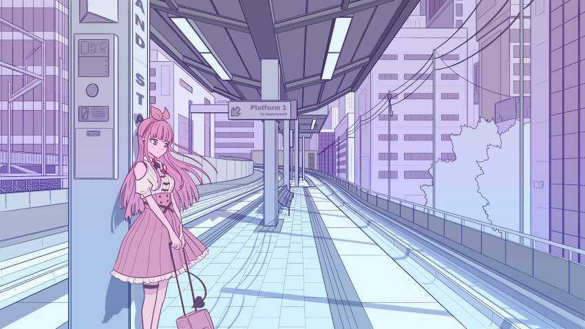 1girl, absurdres, allegedly_tom, bow, building, city, cityscape, clothing_cutout