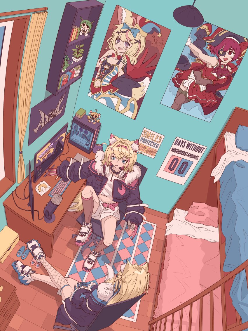 2girls, absurdres, allegedly_tom, animal_collar, animal_ear_fluff, animal_ears, bandaid, bandaid_hair_ornament, bed, bedroom, belt, black_collar, black_jacket, blonde_hair, blue_eyes, blue_hair, book, book_stack, brown_socks, bunk_bed, ceres_fauna, chair, claws, collar, colored_shoe_soles, commentary, computer, computer_tower, cropped_jacket, cropped_shirt, crossed_legs, dog_ears, dog_girl, dog_tail, donut, dutch_angle, english_commentary, english_text, fake_horns, fishnet_socks, fishnet_thighhighs, fishnets, flat_chest, food, frilled_shorts, frills, fur-trimmed_jacket, fur_trim, fuwawa_abyssgard, fuwawa_abyssgard_(1st_costume), hair_intakes, hair_ornament, hairband, headphones, headphones_around_neck, highres, hololive, hololive_english, horns, houshou_marine, houshou_marine_(1st_costume), indoors, jacket, computer_keyboard, knee_up, kneehighs, ladder, long_hair, long_sleeves, looking_at_another, microphone, microphone_stand, midriff, mococo_abyssgard, mococo_abyssgard_(1st_costume), monitor, multicolored_hair, multiple_girls, multiple_monitors, office_chair, omaru_polka, omaru_polka_(1st_costume), over-kneehighs, pink_belt, pink_hair, pink_hairband, plant, pon_de_ring, poster_(object), potted_plant, puffy_long_sleeves, puffy_sleeves, rug, shelf, shirt, shoes, short_hair, short_shorts, shorts, siblings, single_over-kneehigh, single_thighhigh, sisters, sitting, slippers, sneakers, socks, streaked_hair, swivel_chair, t-shirt, tail, takodachi_(ninomae_ina'nis), thighhighs, tsukumo_sana, twins, two_side_up, unworn_slippers, virtual_youtuber, white_footwear, white_shirt, white_shorts, wide_shot, wooden_floor, x_hair_ornament