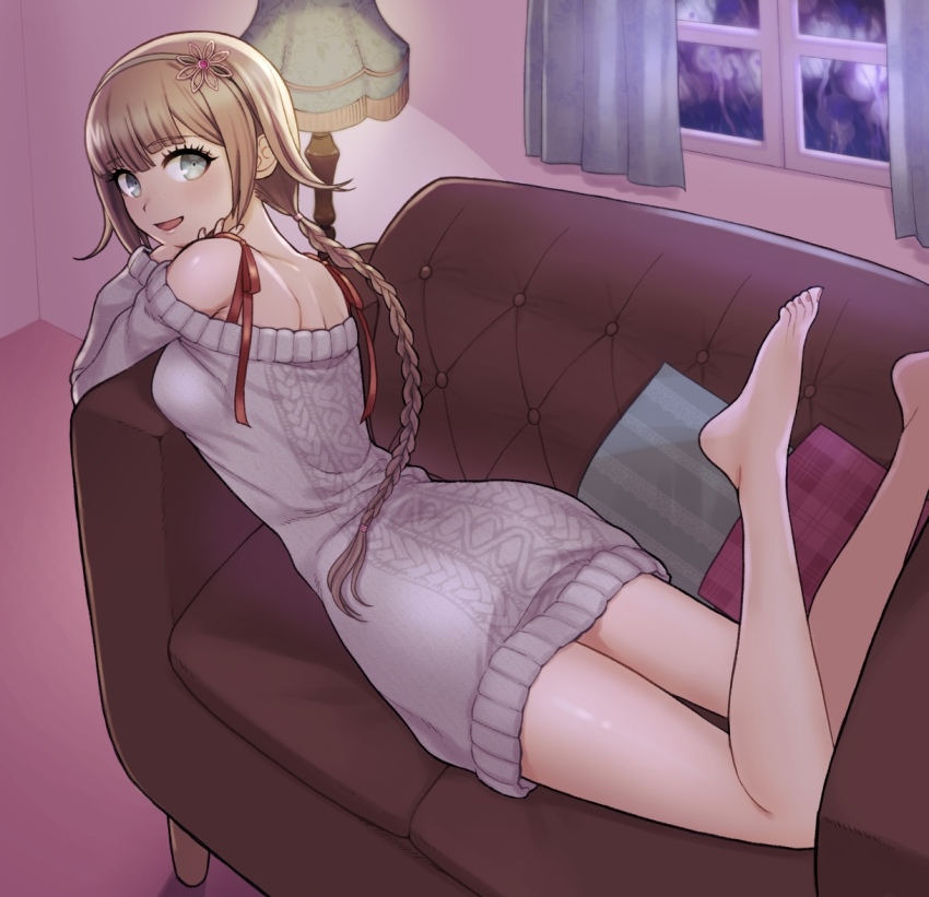 1girl, alternate_costume, aran_sweater, bare_legs, bare_shoulders, barefoot, braid, brown_hair