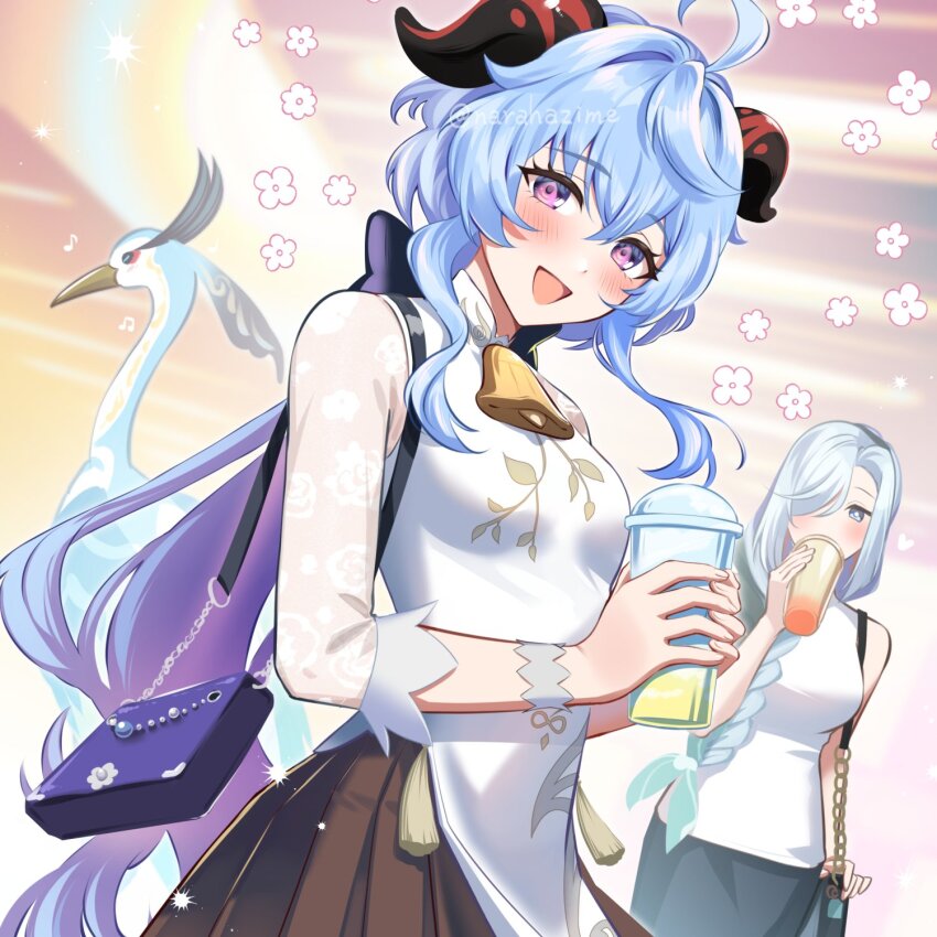 2girls, bag, bell, blue_hair, blush, breasts, china_dress, chinese_clothes