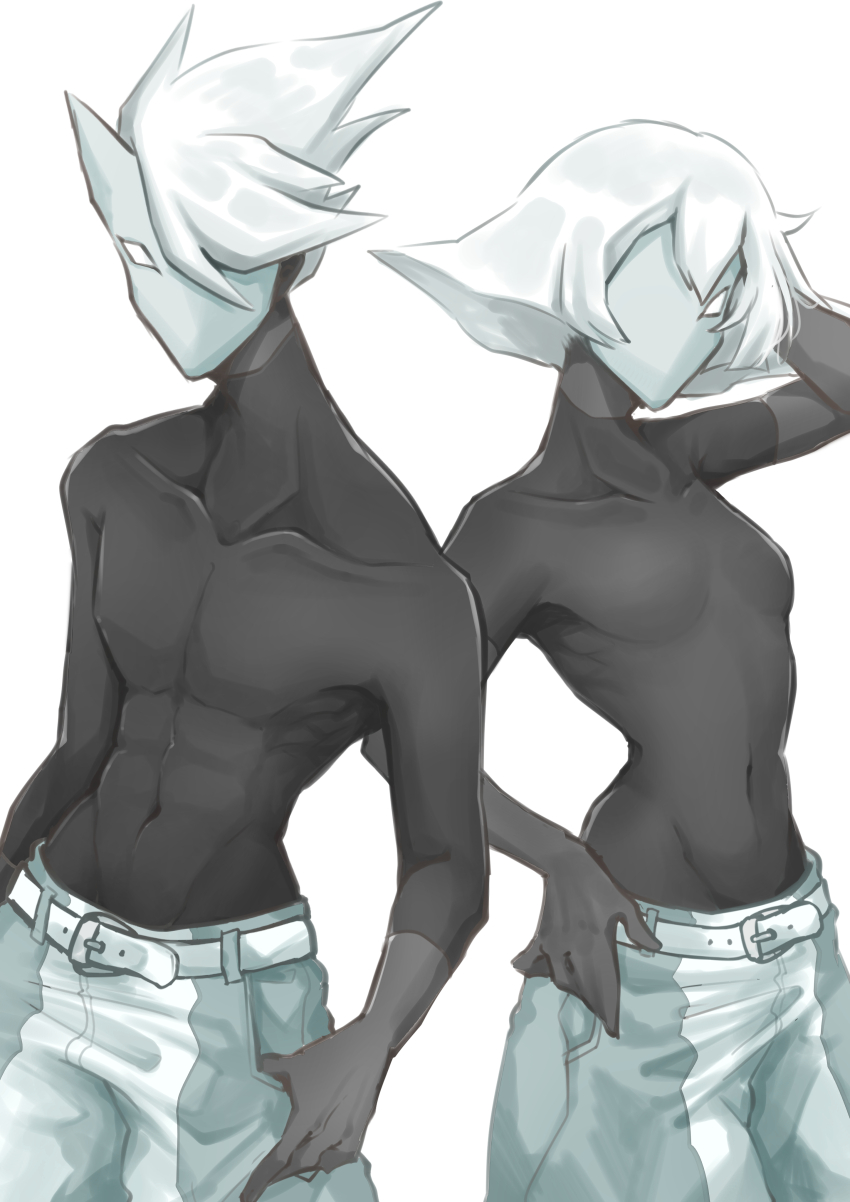 1boy, 1girl, absurdres, alef_(sky:_children_of_the_light), arm_behind_head, arm_up, bare_shoulders, belt, black_bodysuit, black_skin, blank_eyes, bodysuit, breasts, cargo_pants, collarbone, colored_skin, commentary_request, cowboy_shot, daleth_(sky:_children_of_the_light), from_side, hammpenn, highres, looking_at_viewer, mask, medium_hair, navel, one-eyed, pants, pointy_hair, ribs, skin_tight, sky:_children_of_the_light, small_breasts, stomach, thumb_in_pocket, white_background, white_belt, white_hair, white_mask