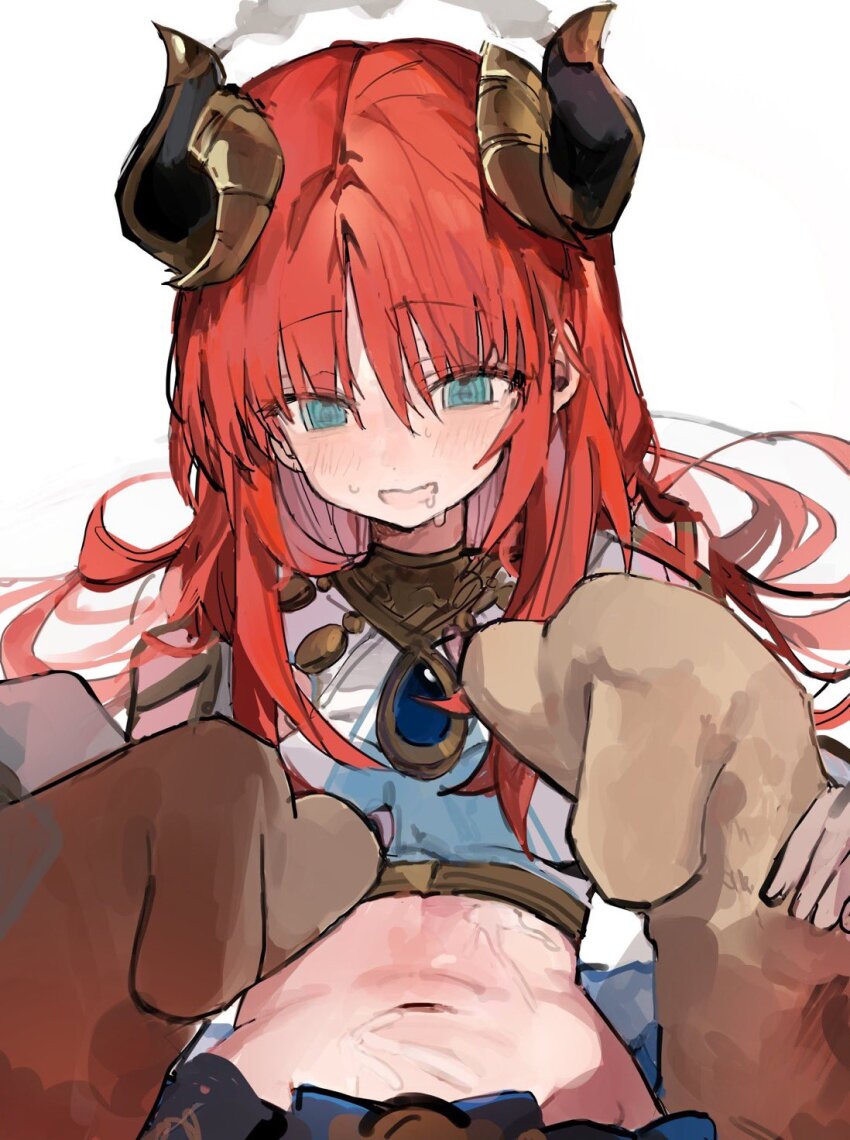 1girl, @_@, blue_eyes, blush, dog, dress, drooling, genshin_impact