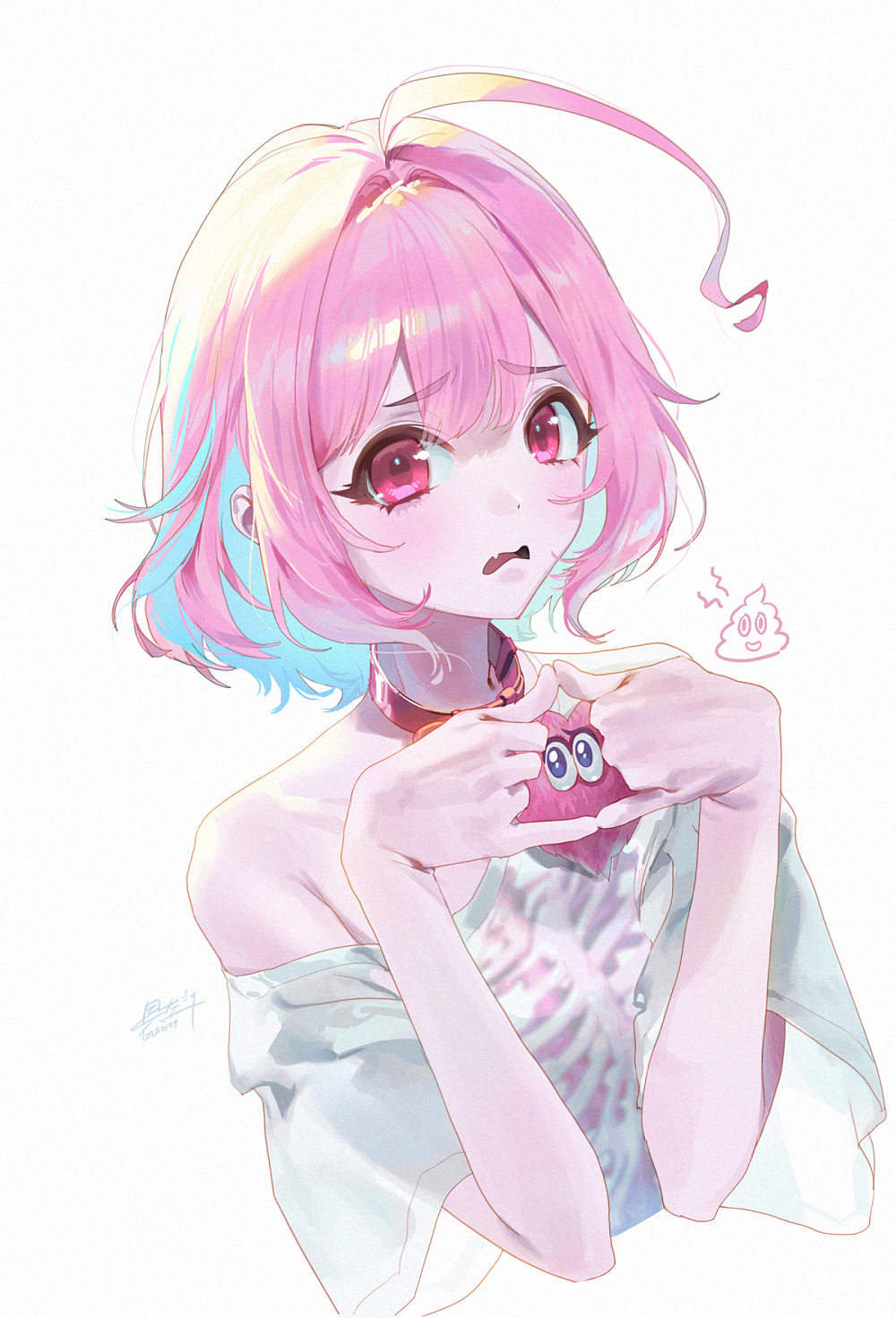 1girl, ahoge, armpit_crease, baekryang, belt, belt_collar, blue_hair, blush