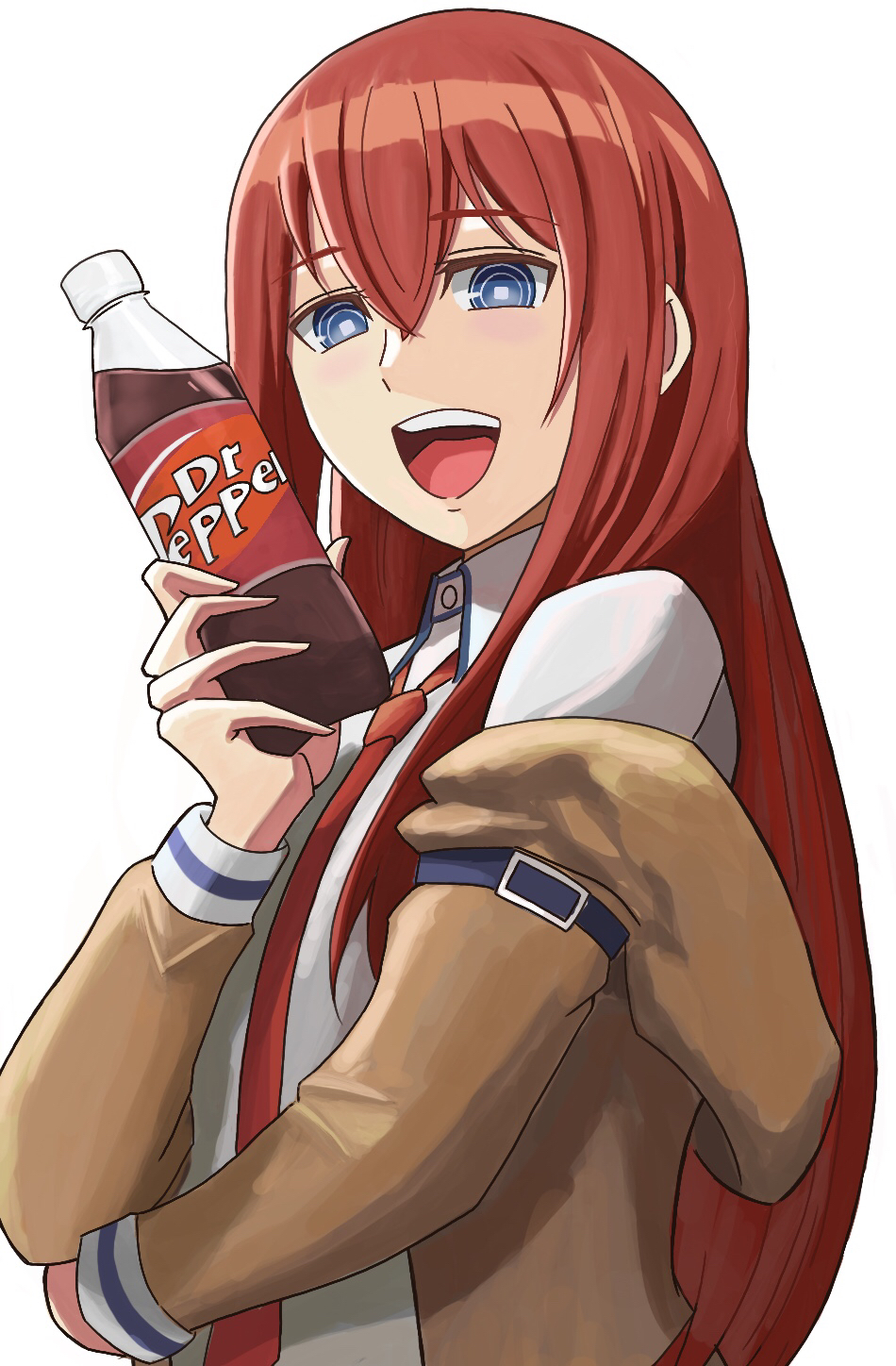 1girl, :d, blue_eyes, bottle, brown_hair, brown_jacket, dr_pepper, from_side