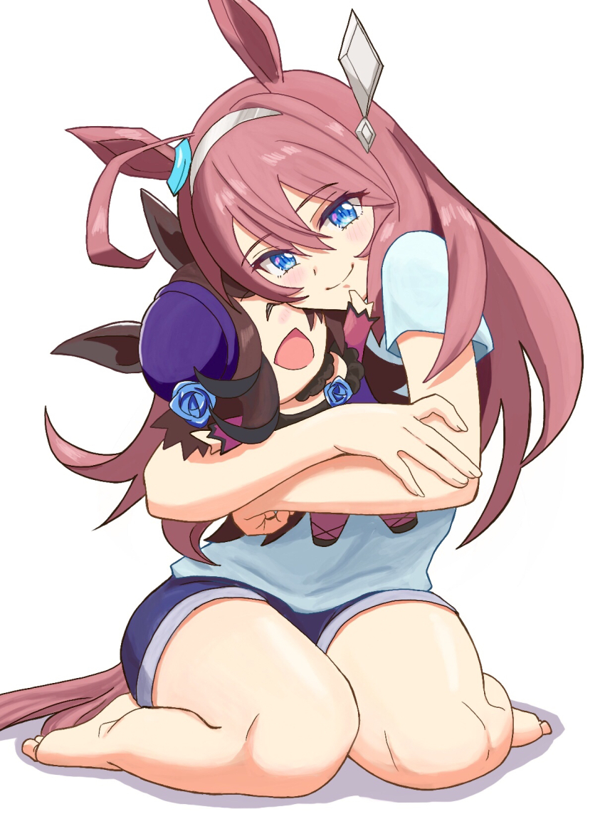 1girl, ahoge, alternate_costume, animal_ears, barefoot, blue_eyes, blue_shirt, blue_shorts, brown_hair, commentary, doll, full_body, grey_hairband, hair_between_eyes, hairband, highres, holding, holding_doll, horse_ears, horse_girl, horse_tail, long_hair, looking_at_viewer, mihono_bourbon_(umamusume), rice_shower_(umamusume), sakata_s2023, shirt, shorts, simple_background, sitting, smile, solo, tail, umamusume, wariza, white_background