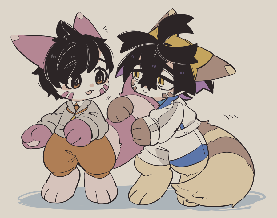 2boys, ahoge, alternate_color, animal, animal_ears, animal_hands, black_eyes, black_hair