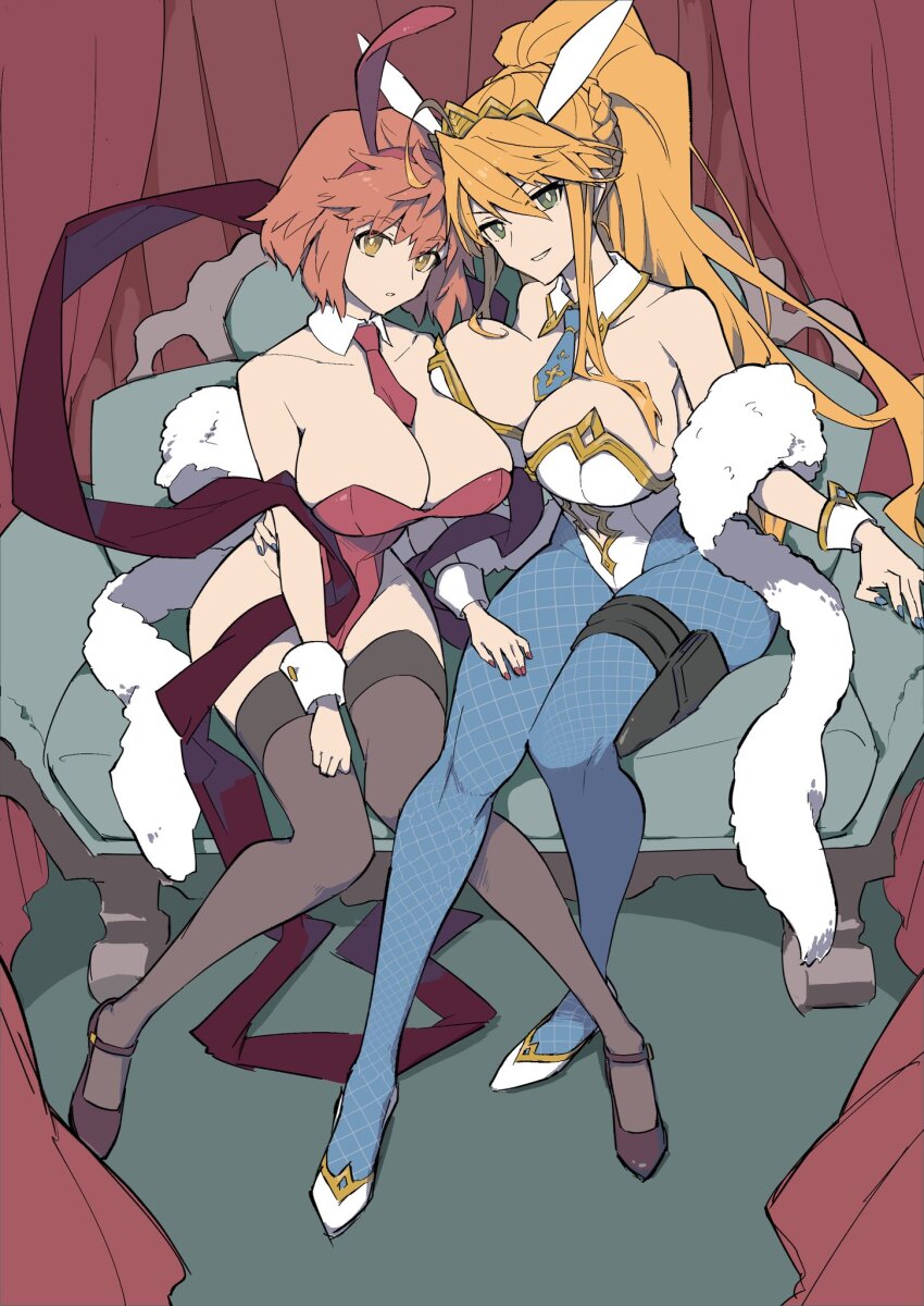 2girls, animal_ears, artoria_pendragon_(fate), artoria_pendragon_(swimsuit_ruler)_(fate), artoria_pendragon_(swimsuit_ruler)_(first_ascension)_(fate), black_footwear, black_thighhighs, blonde_hair, blue_nails, blue_necktie, blue_pantyhose, braid, breasts, chair, crown, curtains, detached_collar, emiya_shirou, fake_animal_ears, fate/grand_order, fate/stay_night, fate_(series), feather_boa, fingernails, genderswap, genderswap_(mtf), gold_trim, green_eyes, hair_between_eyes, hanahiyo_(hoimin), hand_on_another's_hip, hand_on_another's_thigh, high_ponytail, highres, large_breasts, leotard, long_hair, lounge_chair, multiple_girls, necktie, on_chair, orange_hair, pantyhose, playboy_bunny, ponytail, rabbit_ears, red_leotard, red_nails, red_necktie, short_hair, shroud_of_magdalene, sidelocks, sitting, strapless, strapless_leotard, thighhighs, white_footwear, white_leotard, wrist_cuffs, yellow_eyes