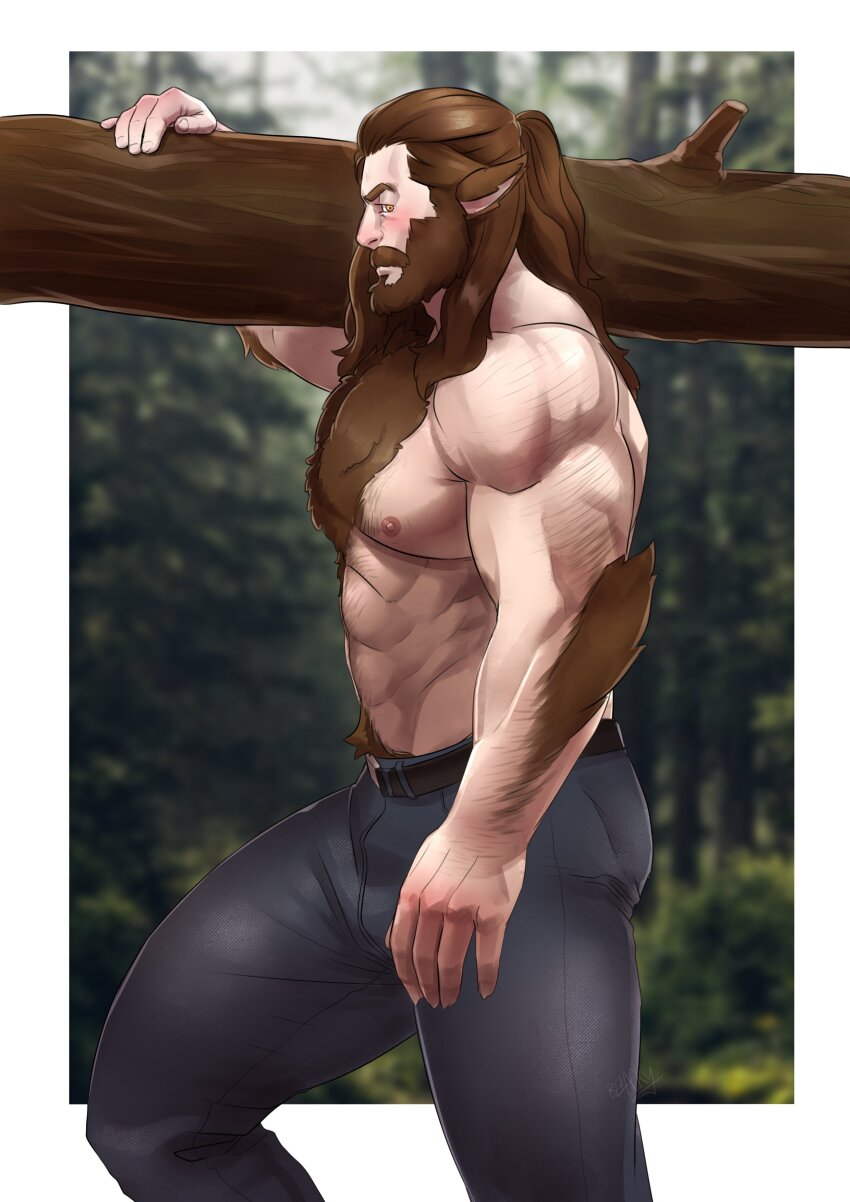 1boy, abs, absurdres, animal_ears, back_hair, bara, beard, blush, body_fur, carrying_over_shoulder, carrying_tree, conrad_(getonjbart), denim, facial_hair, feet_out_of_frame, fingernails, from_side, getonjbart, hairy, highres, jeans, large_pectorals, long_hair, looking_at_viewer, male_focus, monster_boy, muscular, muscular_male, mustache, navel, navel_hair, nipples, original, pants, pectorals, profile, sharp_fingernails, sideways_glance, solo, stomach, thick_arm_hair, thick_beard, thick_chest_hair, thick_eyebrows, thick_mustache, thick_navel_hair, thick_thighs, thighs, topless_male, very_hairy, walking, werewolf, wolf_ears, woodcutter