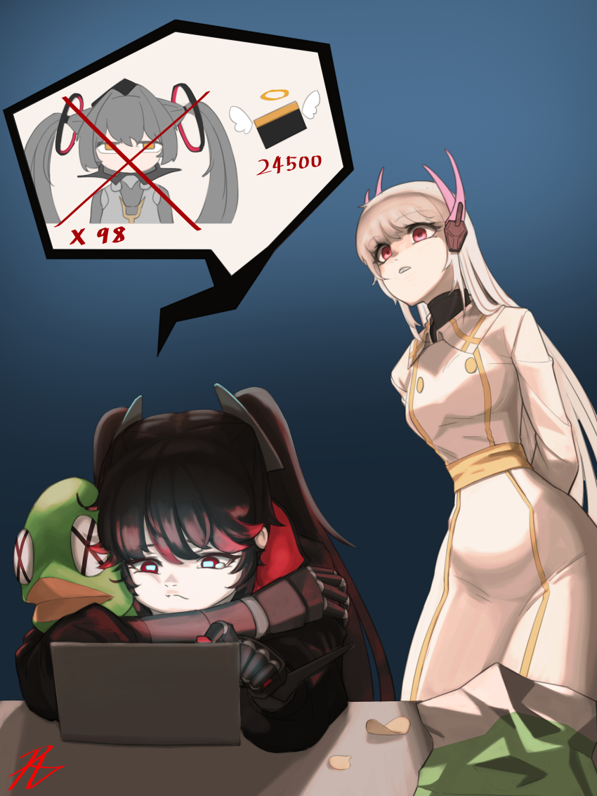 2girls, absurdres, angel_wings, bag_of_chips, black_hair, black_jacket, chips_(food), cho1113