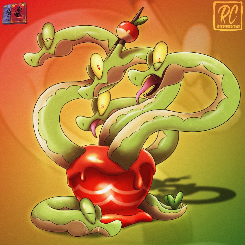 absurdres, apple, bad_source, closed_eyes, colored_sclera, colored_skin, dragon, dragon_horns