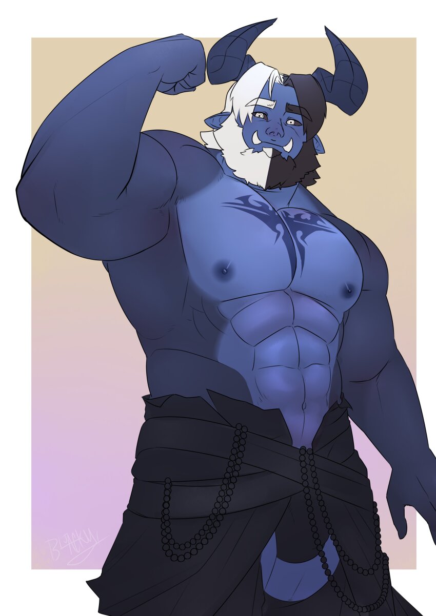 1boy, abs, absurdres, bara, beard, black_sclera, blue_skin, chest_tattoo, colored_sclera, colored_skin, commission, cowboy_shot, facial_hair, flexing, full_beard, getonjbart, highres, large_pectorals, looking_at_viewer, male_focus, mature_male, mismatched_eyebrows, multicolored_hair, muscular, muscular_male, navel, nipples, pectorals, pointy_ears, ronin_(saberhoneybee), short_hair, solo, split-color_hair, stomach, strongman_waist, tattoo, thick_beard, thick_eyebrows, topless_male, tusks, two-tone_beard, white_eyes