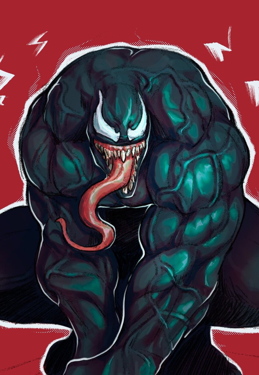 1boy, black_skin, colored_skin, hands_on_ground, highres, long_tongue, looking_at_viewer, male_focus, marvel, mixter_art, monster_boy, muscular, muscular_arms, muscular_male, sharp_teeth, solo, spider-man_(series), symbiote, teeth, tongue, tongue_out, veins, veiny_arms, venom_(marvel)