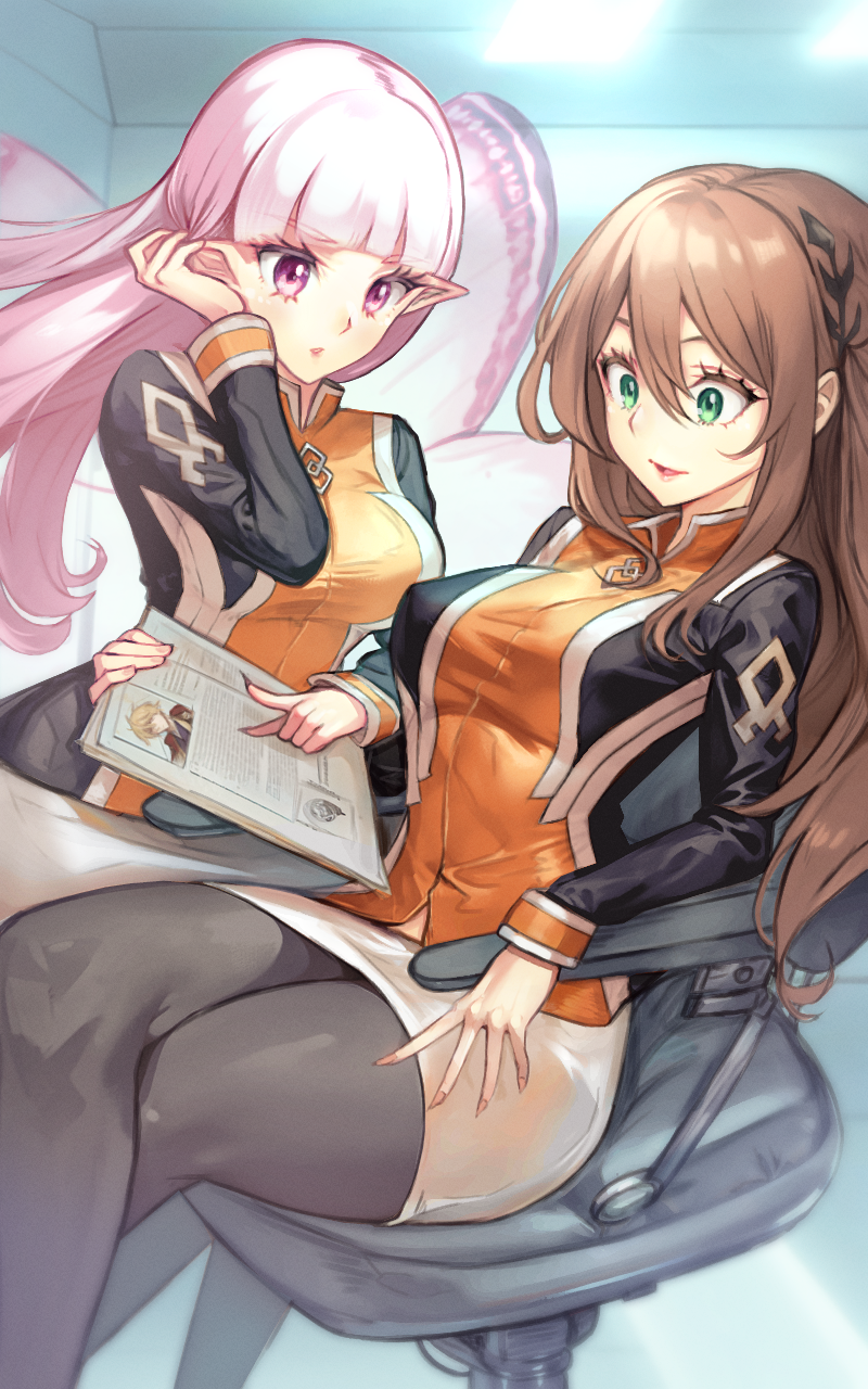 2girls, adele_(fate), black_pantyhose, black_shirt, blunt_bangs, blush, breasts, brown_hair